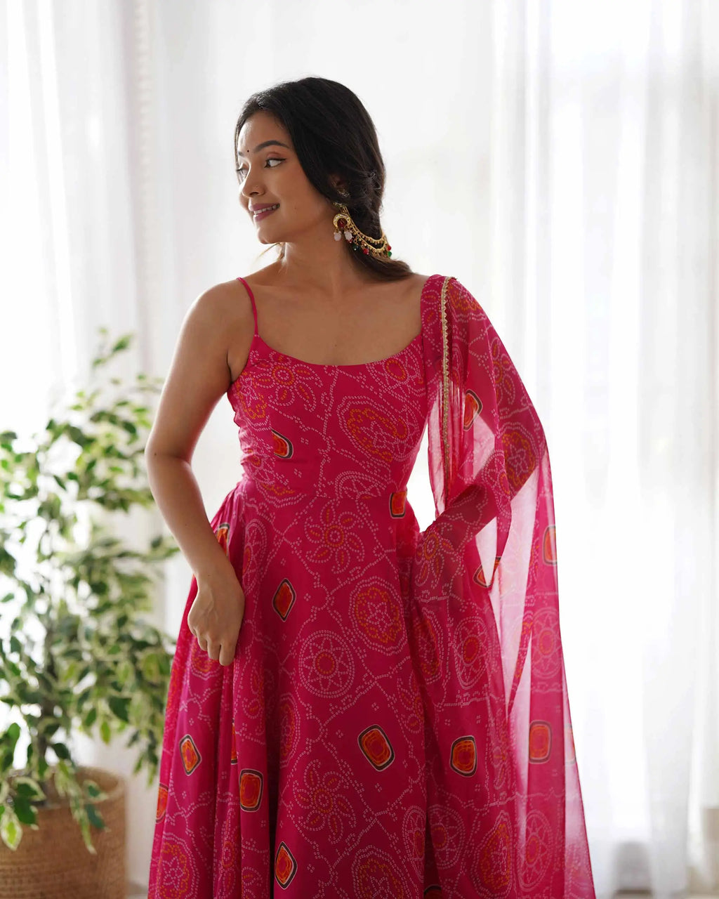 Dark Pink Soft Chiffon Bandhej Print Light Weight Gown With Dupatta