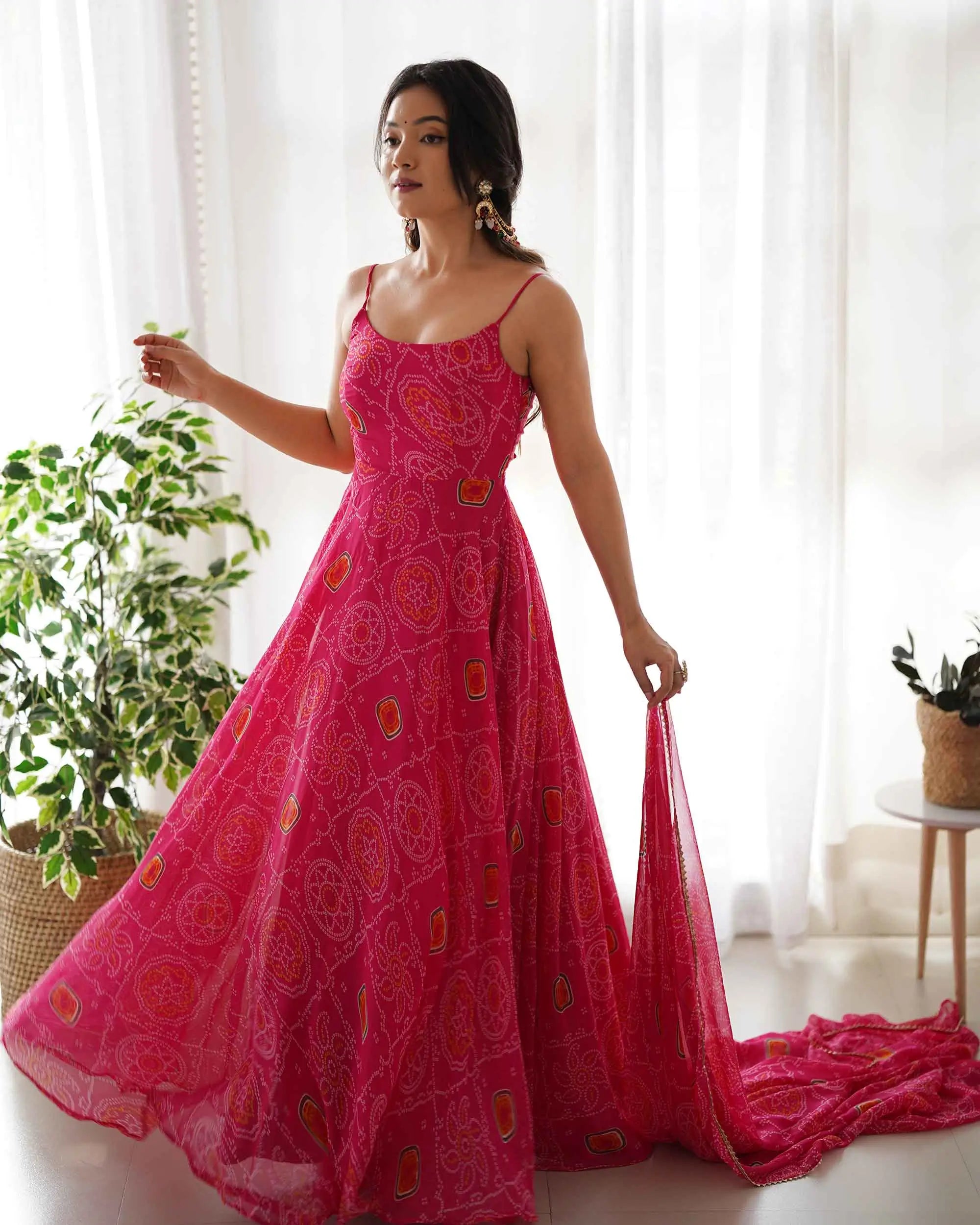 Dark Pink Soft Chiffon Bandhej Print Light Weight Gown With Dupatta