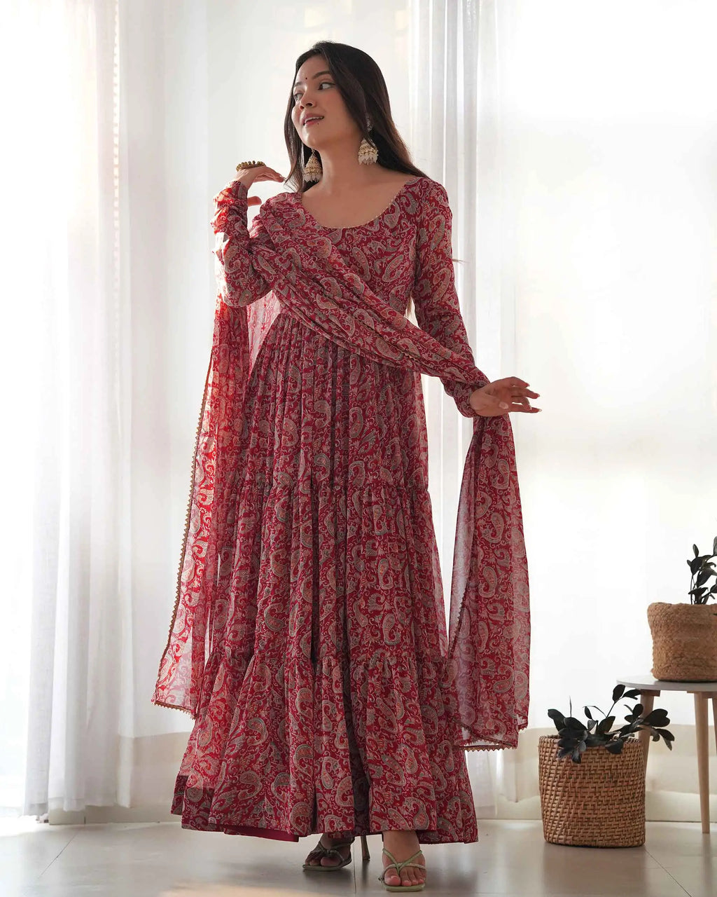 Maroon Georgette Kalamkari Print Anarkali Gown With Dupatta