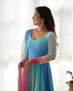 Sky Blue With Colorful Padding Plain Georgette Gown With Dupatta