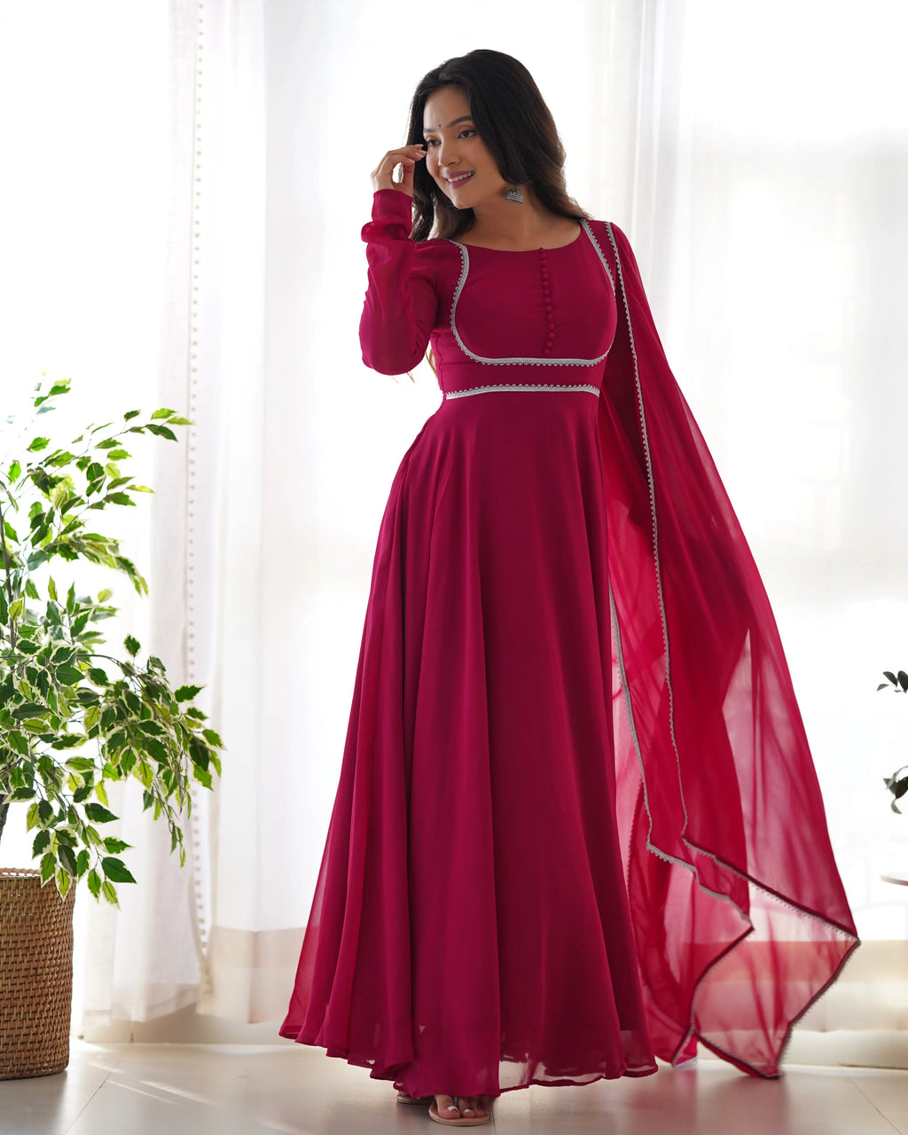 Rani Pink Designer Georgette Gown With Dupatta