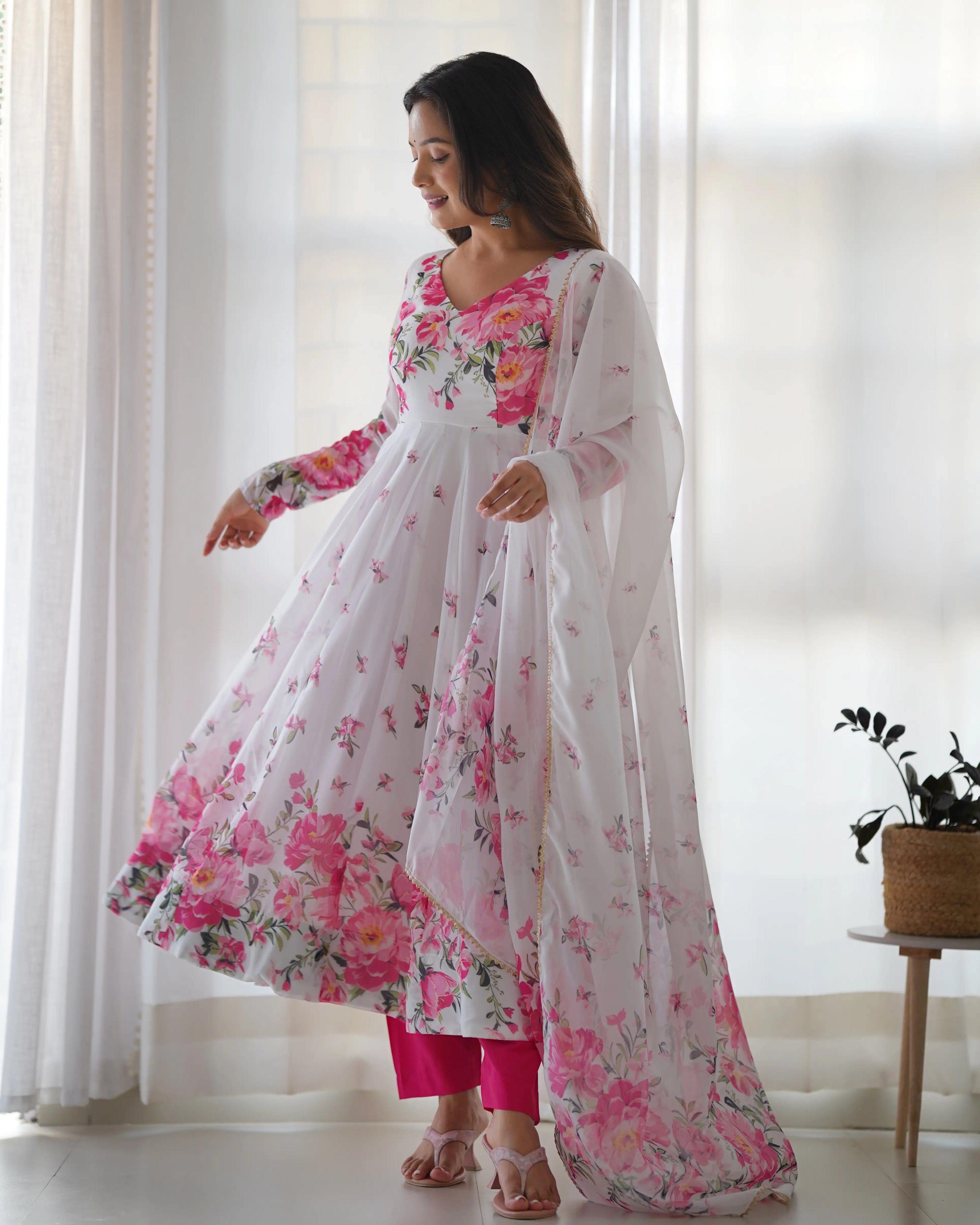 White Organza Pink Rose Floral Print Gown With Dupatta