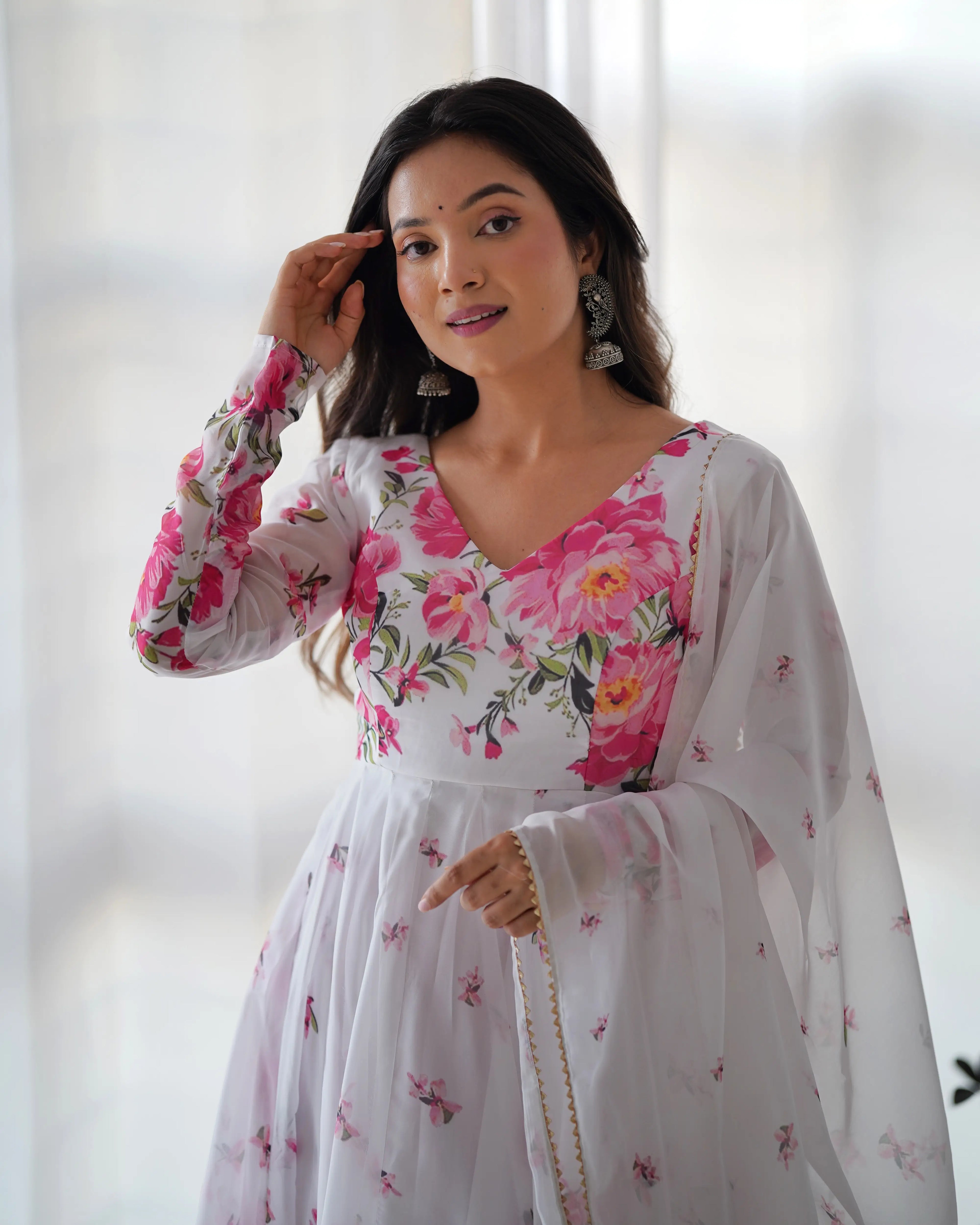 White Organza Pink Rose Floral Print Gown With Dupatta