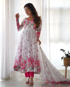 White Organza Pink Rose Floral Print Gown With Dupatta