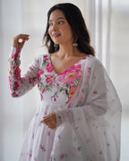 White Organza Pink Rose Floral Print Gown With Dupatta