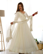 Off White Silk Anarkali Gown With Georgette Embroidery Work Dupatta