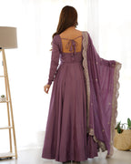 Dark Mauve Purple Silk Anarkali Gown With Georgette Embroidery Work Dupatta