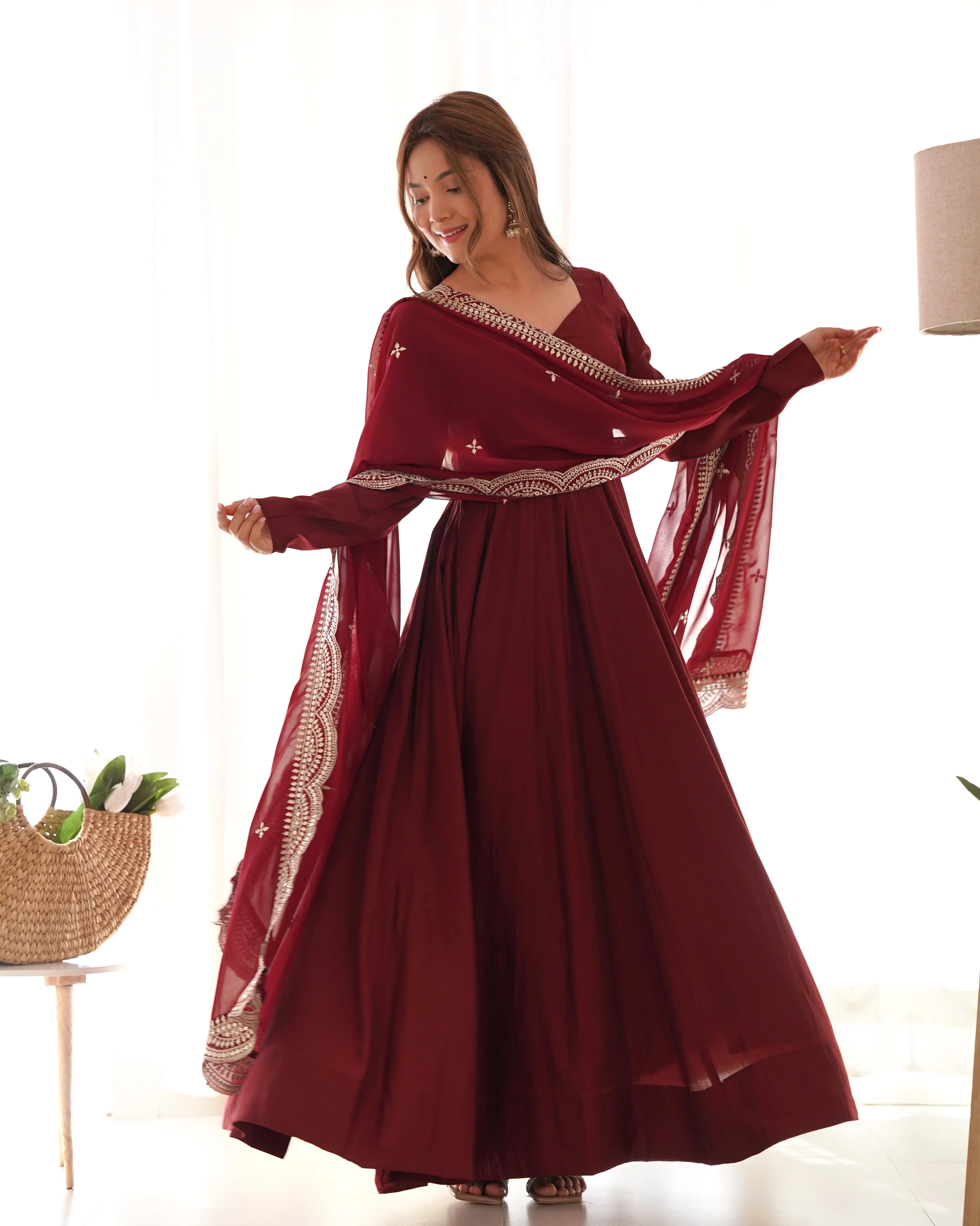 Maroon Silk Anarkali Gown With Georgette Embroidery Work Dupatta