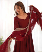 Maroon Silk Anarkali Gown With Georgette Embroidery Work Dupatta