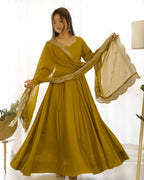 Mustard Yellow Silk Anarkali Gown With Georgette Embroidery Work Dupatta