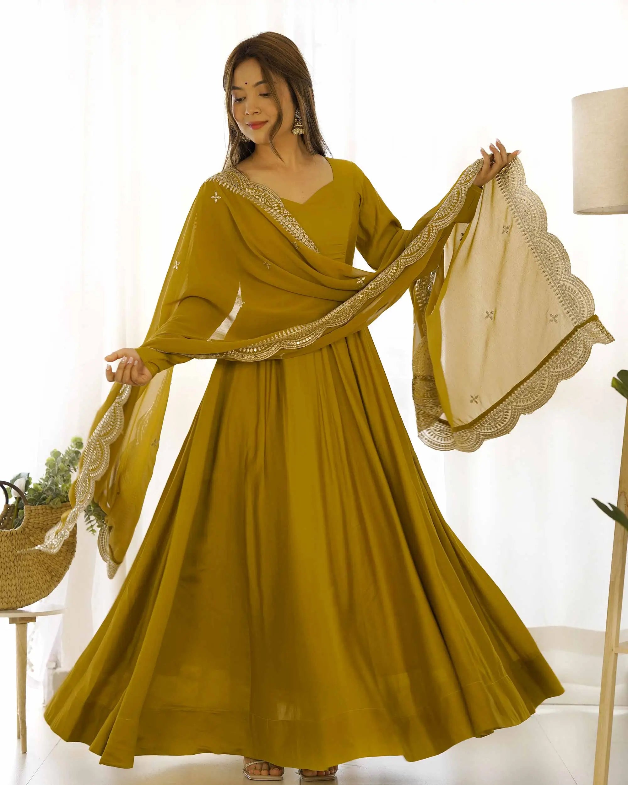 Mustard Yellow Silk Anarkali Gown With Georgette Embroidery Work Dupatta