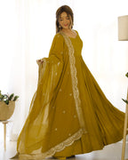 Mustard Yellow Silk Anarkali Gown With Georgette Embroidery Work Dupatta
