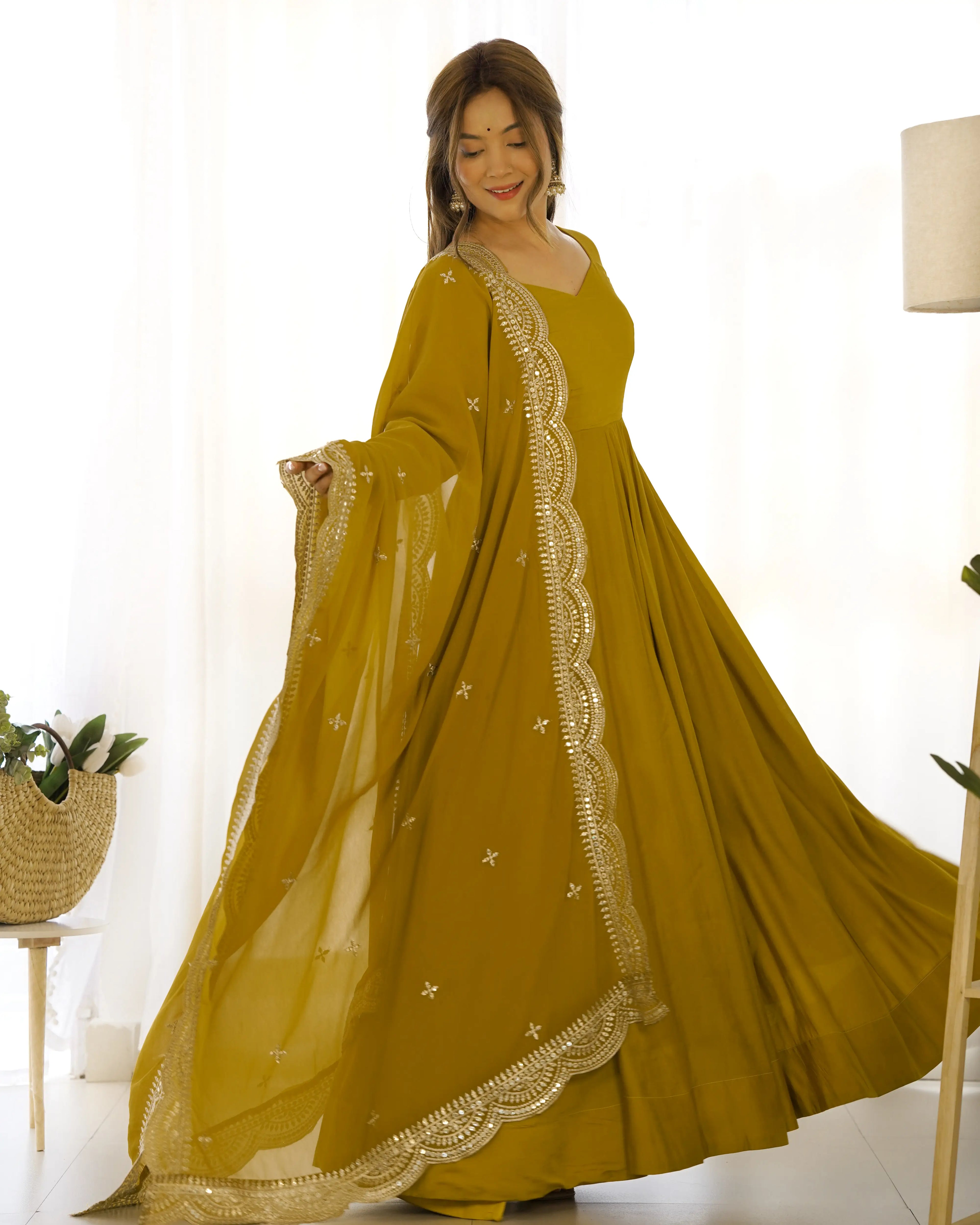 Mustard Yellow Silk Anarkali Gown With Georgette Embroidery Work Dupatta
