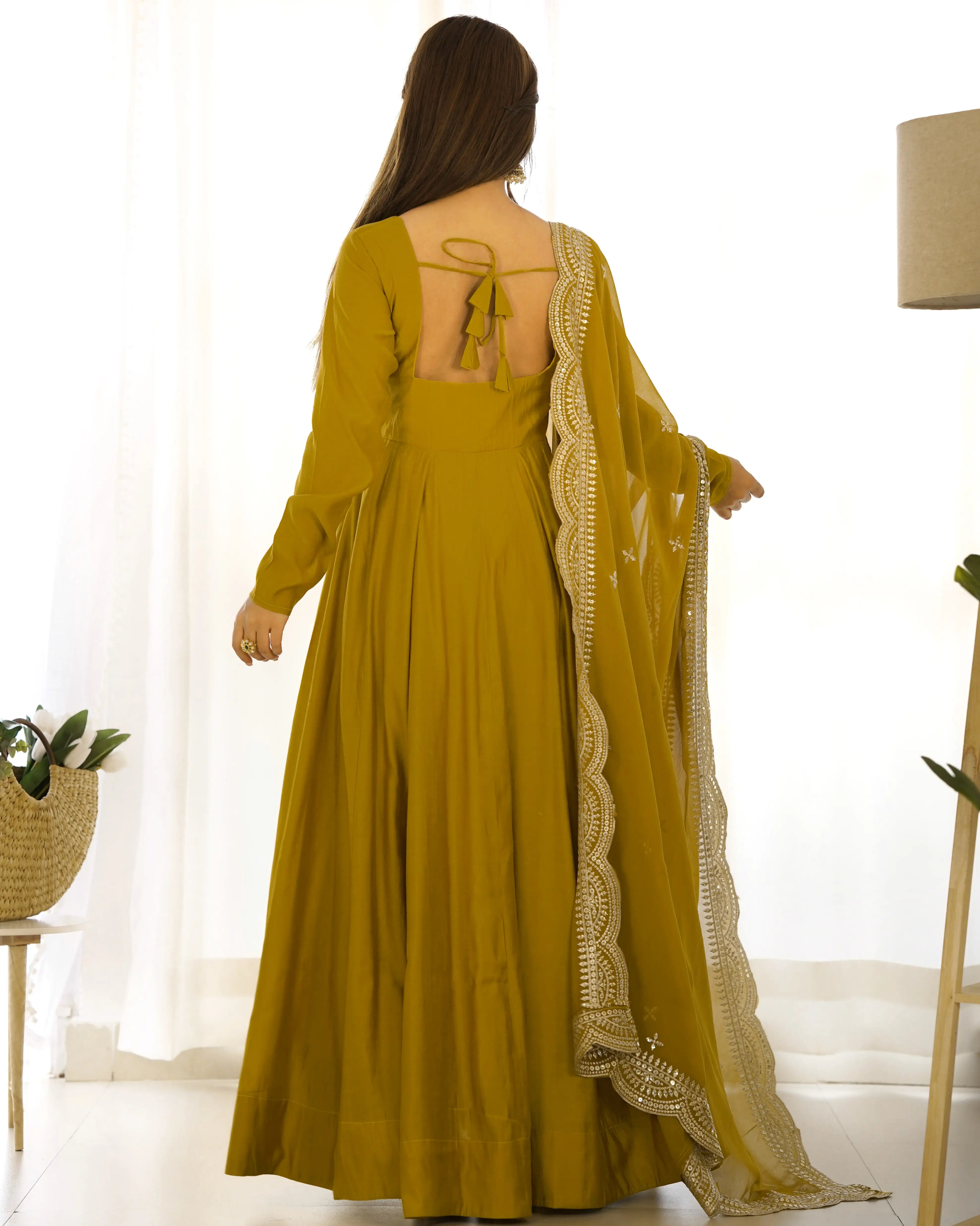 Mustard Yellow Silk Anarkali Gown With Georgette Embroidery Work Dupatta