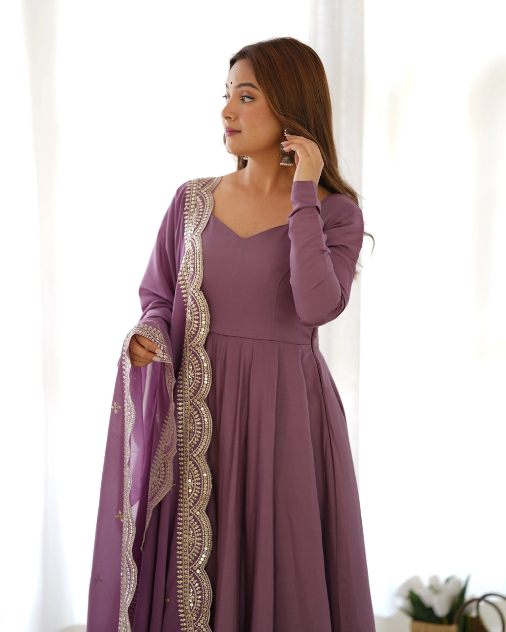 Dark Mauve Purple Silk Anarkali Gown With Georgette Embroidery Work Dupatta