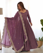 Dark Mauve Purple Silk Anarkali Gown With Georgette Embroidery Work Dupatta