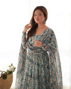 Light Blue Georgette Zigzag Print Three Layered Gown With Dupatta