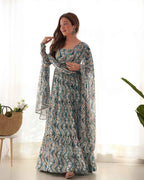 Light Blue Georgette Zigzag Print Three Layered Gown With Dupatta