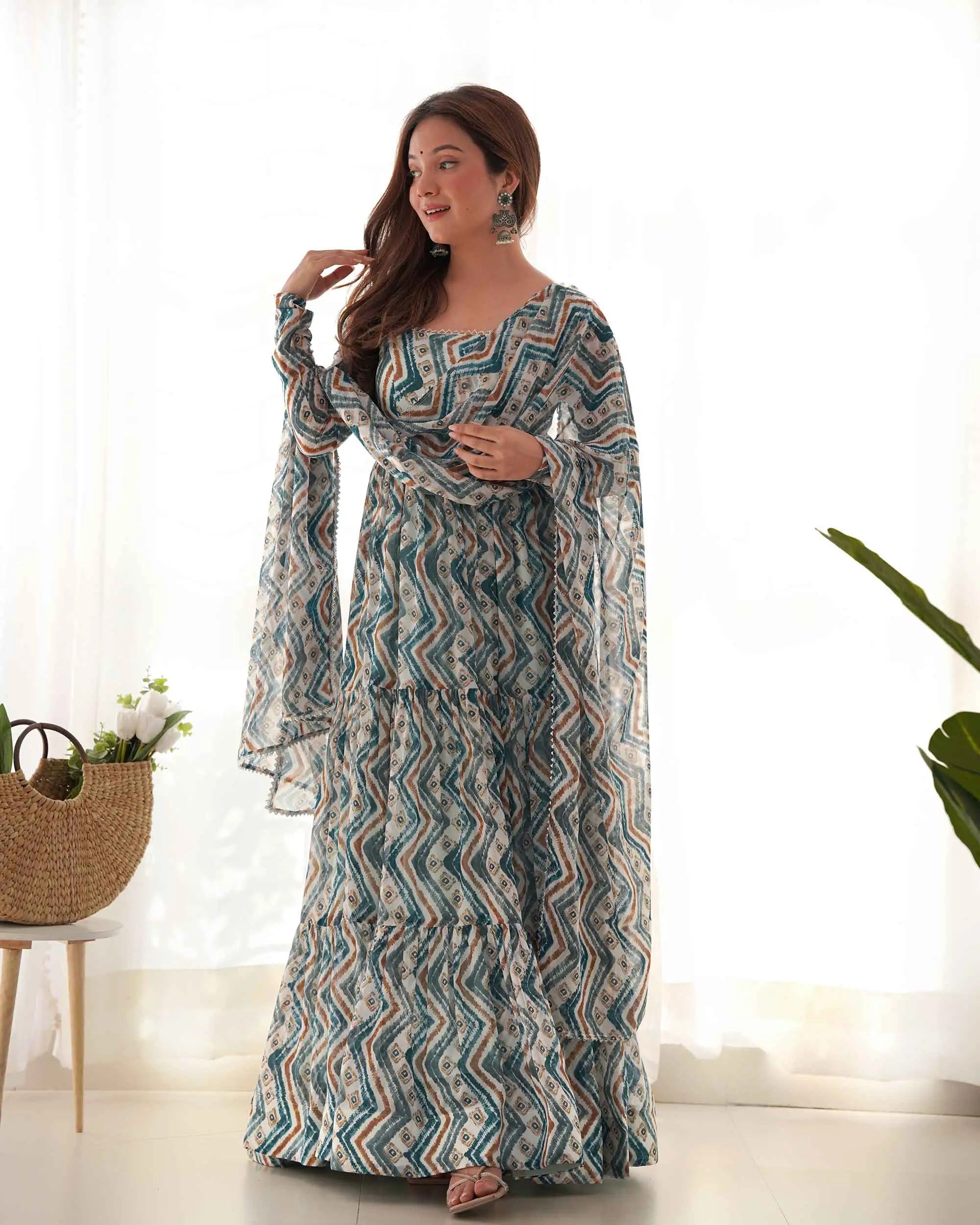 Light Blue Georgette Zigzag Print Three Layered Gown With Dupatta