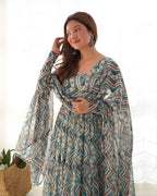 Light Blue Georgette Zigzag Print Three Layered Gown With Dupatta