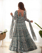 Light Blue Georgette Zigzag Print Three Layered Gown With Dupatta