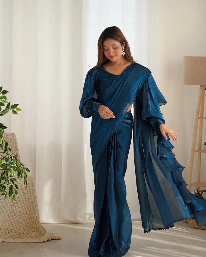 Teal Blue Jimmy Choo Organza Pre Draped Ready To Wear  Saree - qivii