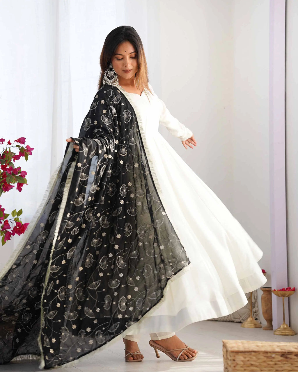 Black And Off White Vichitra Silk Gown With Heavy Embroidery Work Dupatta