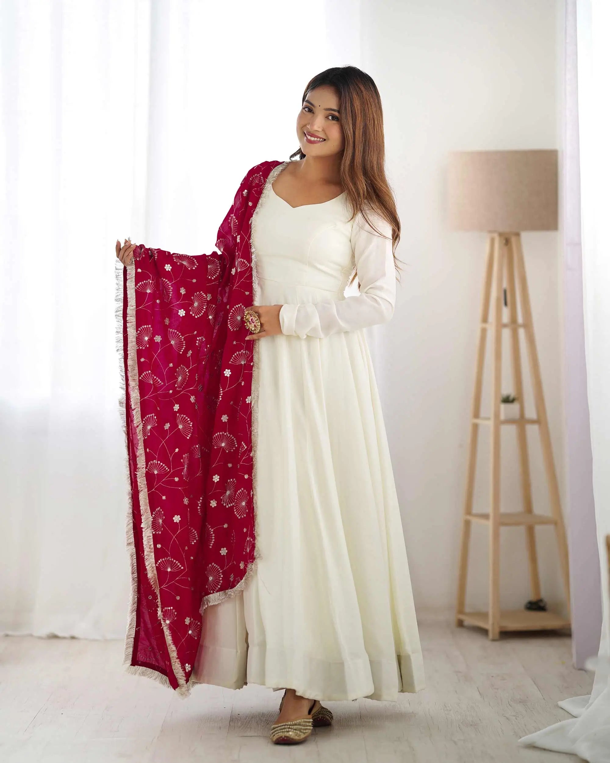 Rani Pink And Off White Vichitra Silk Gown With Heavy Embroidery Work Dupatta