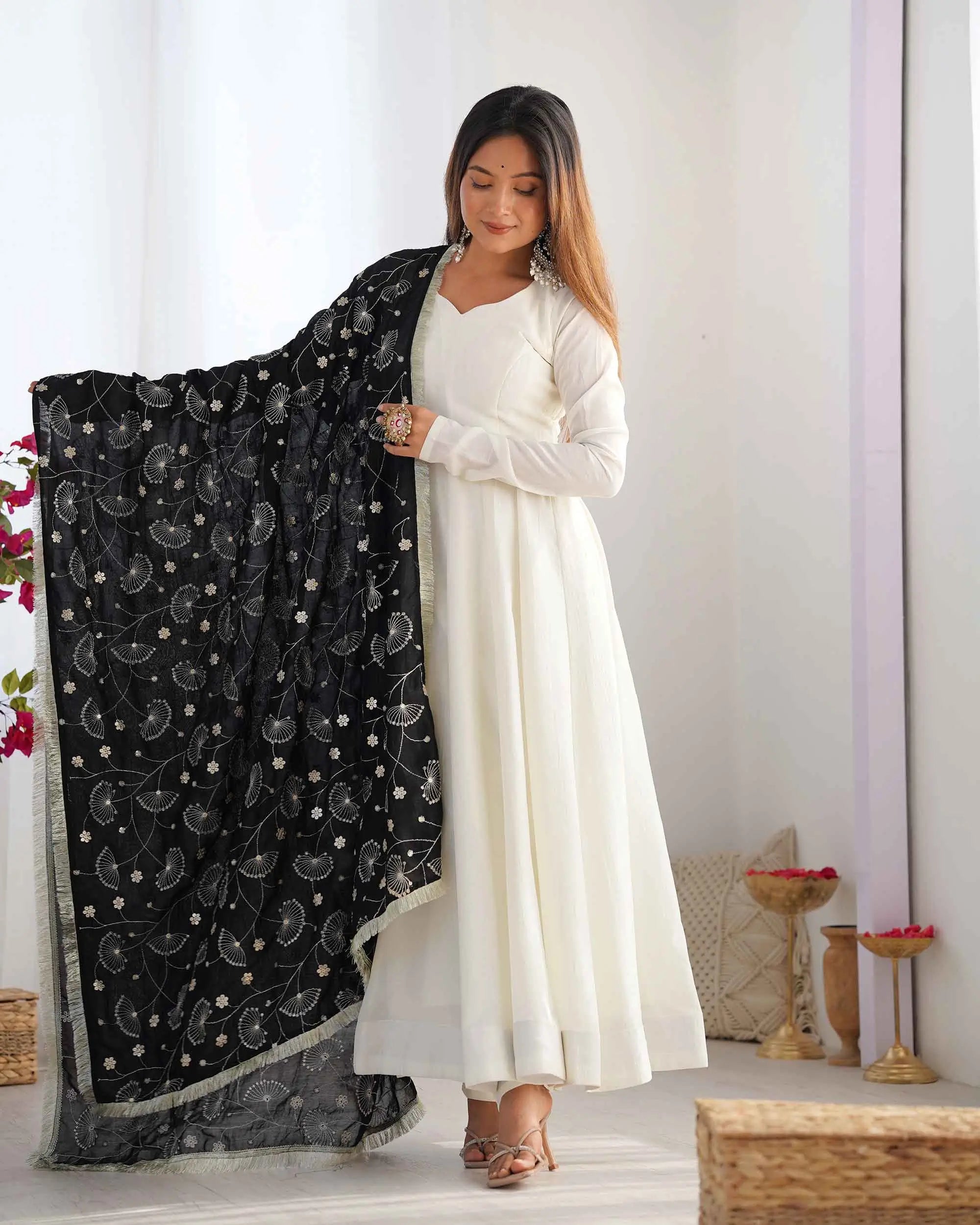 Black And Off White Vichitra Silk Gown With Heavy Embroidery Work Dupatta