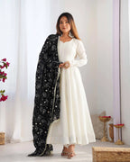 Black And Off White Vichitra Silk Gown With Heavy Embroidery Work Dupatta