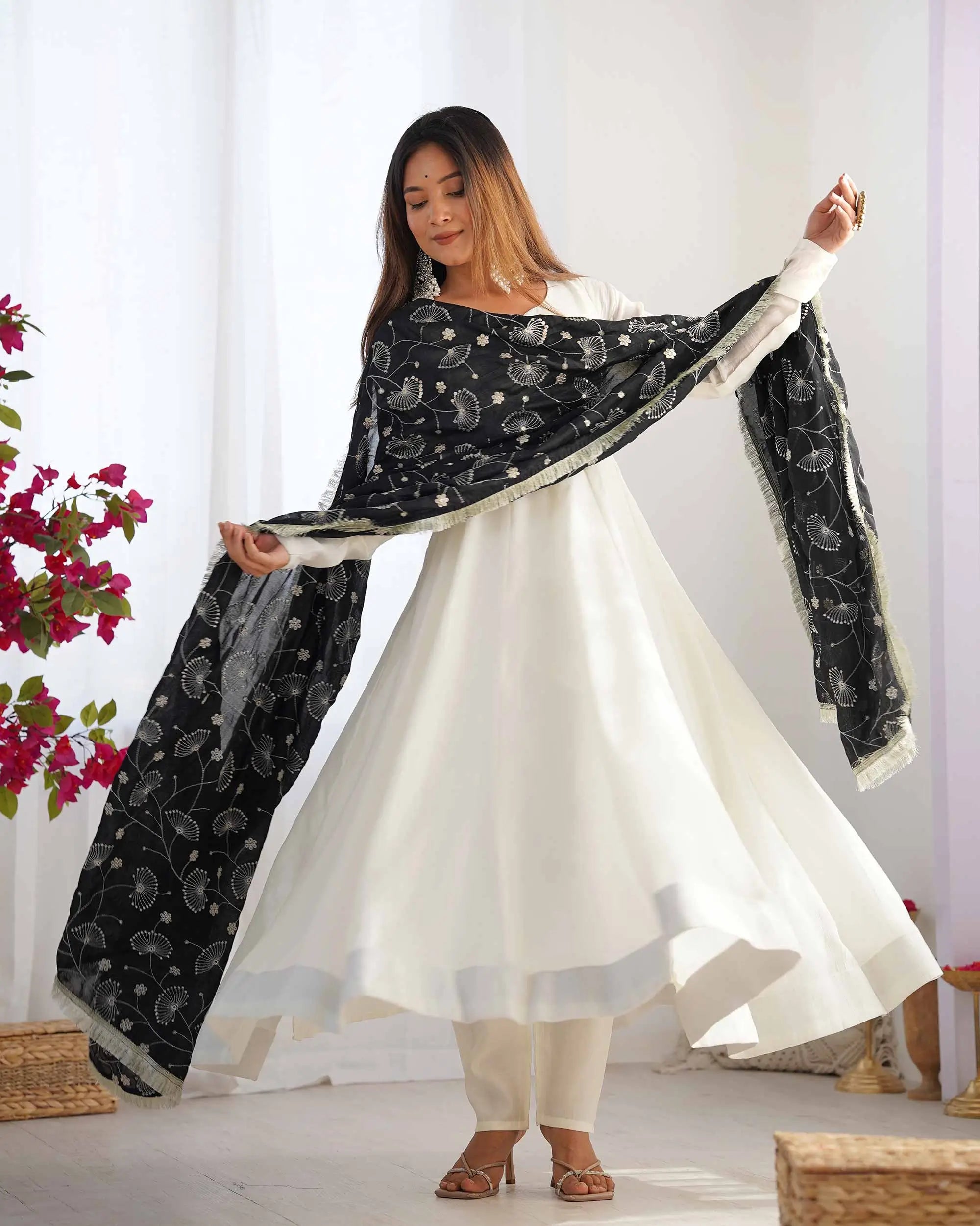 Black And Off White Vichitra Silk Gown With Heavy Embroidery Work Dupatta
