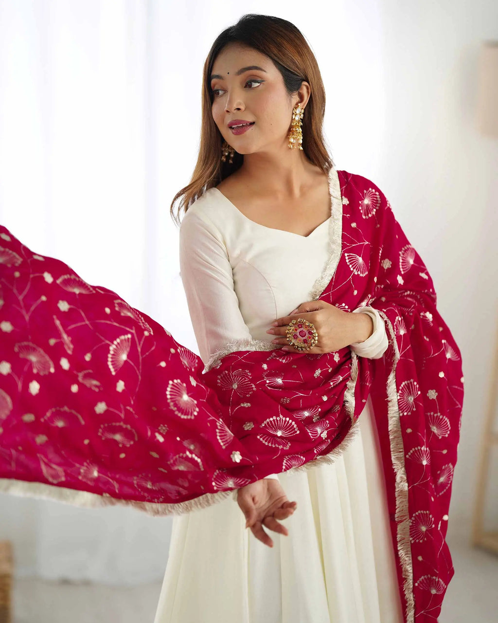 Rani Pink And Off White Vichitra Silk Gown With Heavy Embroidery Work Dupatta