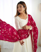 Rani Pink And Off White Vichitra Silk Gown With Heavy Embroidery Work Dupatta