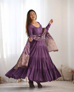Mauve Purple Silk Gown With Jacquard Banarasi Dupatta