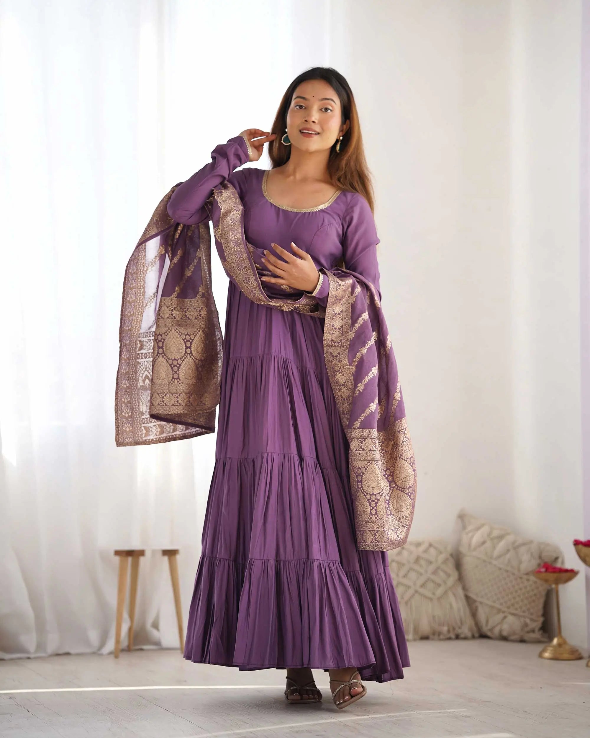 Mauve Purple Silk Gown With Jacquard Banarasi Dupatta