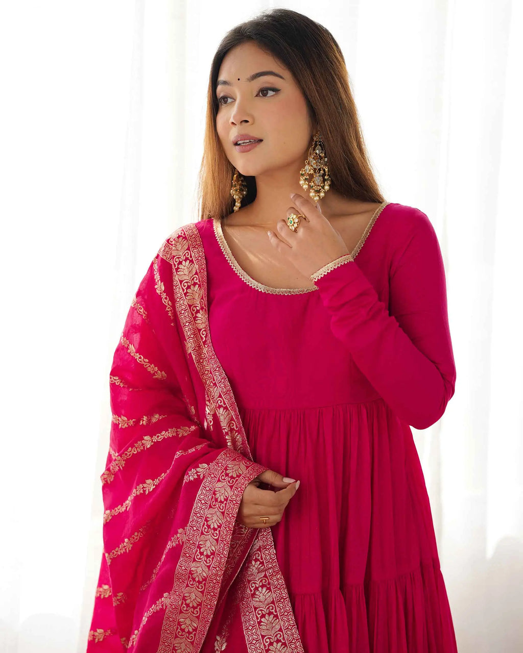 Dark Pink Silk Gown With Jacquard Banarasi Dupatta
