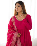 Dark Pink Silk Gown With Jacquard Banarasi Dupatta