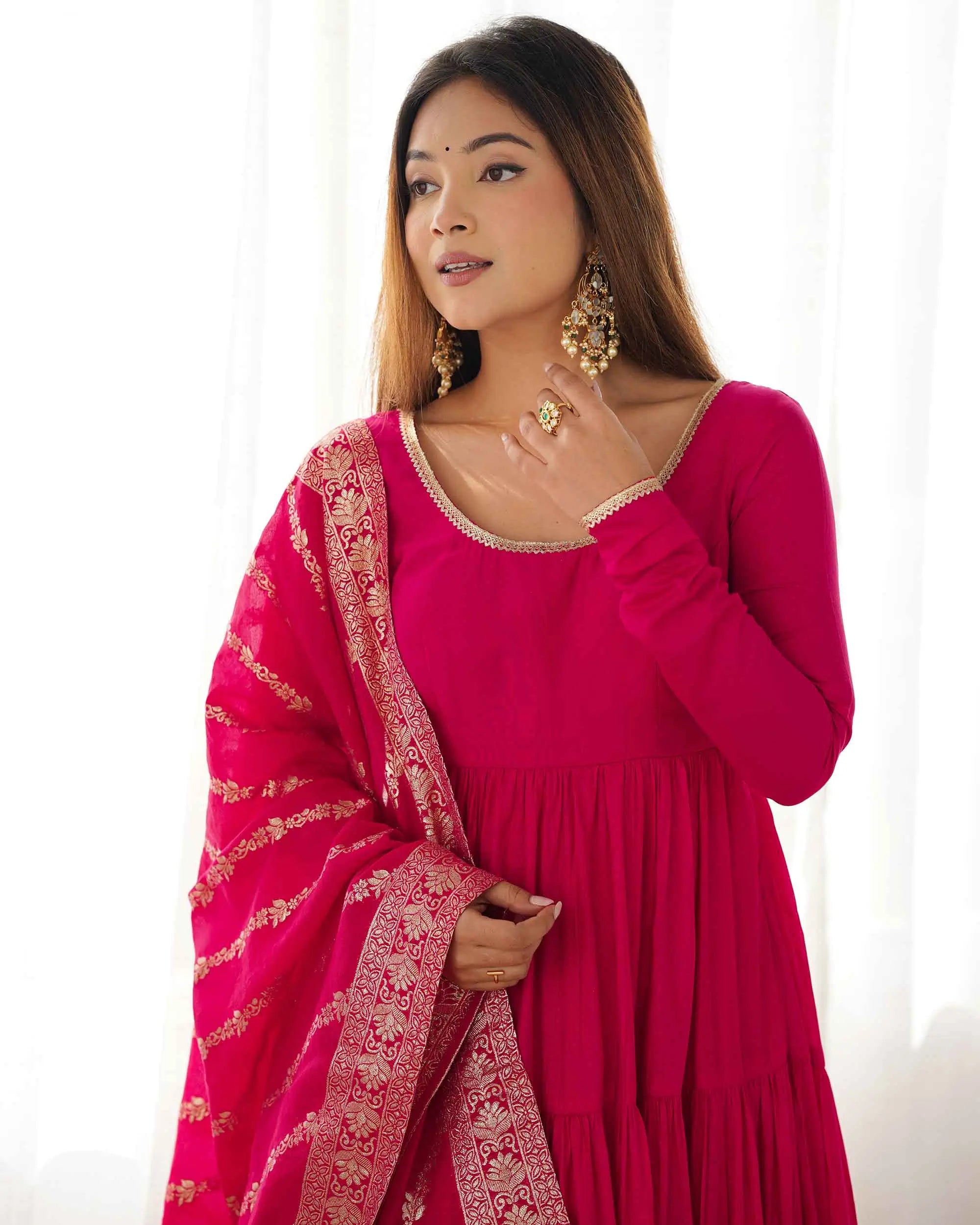 Dark Pink Silk Gown With Jacquard Banarasi Dupatta