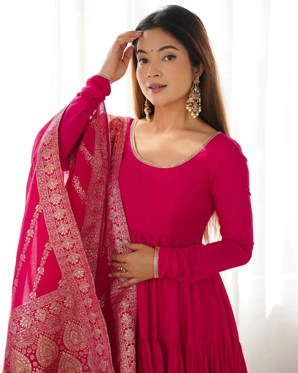 Dark Pink Silk Gown With Jacquard Banarasi Dupatta