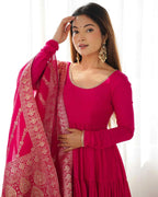 Dark Pink Silk Gown With Jacquard Banarasi Dupatta