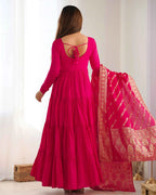 Dark Pink Silk Gown With Jacquard Banarasi Dupatta