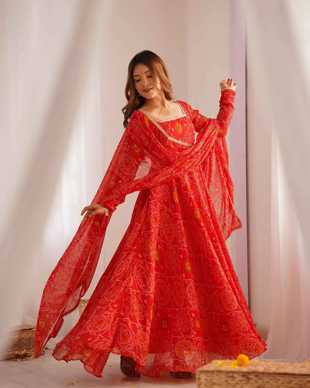 Ruby Red Soft Light Weight Chiffon Bandhej Print Gown With Dupatta