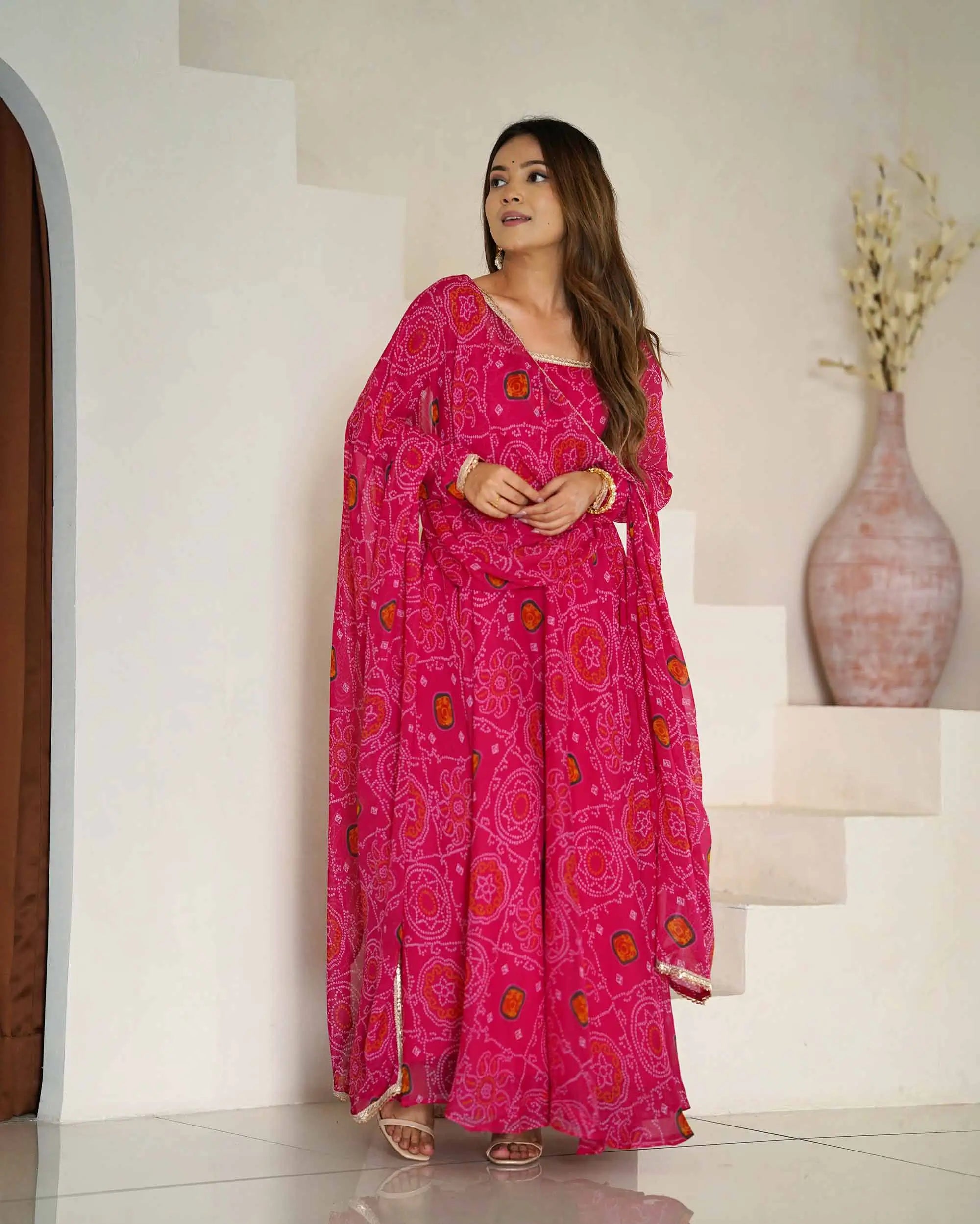 Pink Soft Light Weight Chiffon Bandhej Print Gown With Dupatta