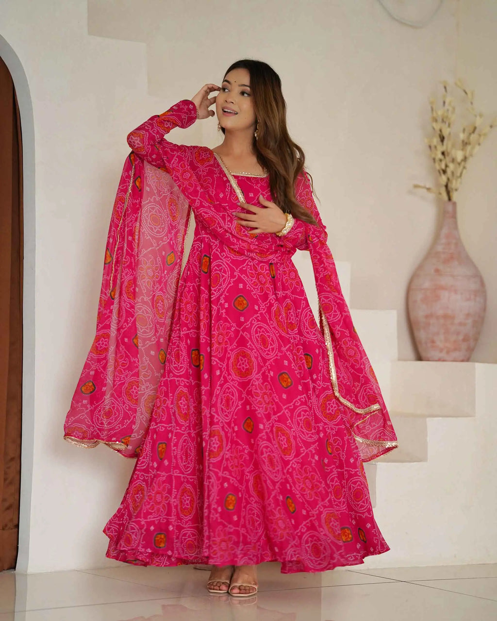 Pink Soft Light Weight Chiffon Bandhej Print Gown With Dupatta