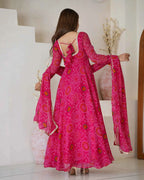 Pink Soft Light Weight Chiffon Bandhej Print Gown With Dupatta
