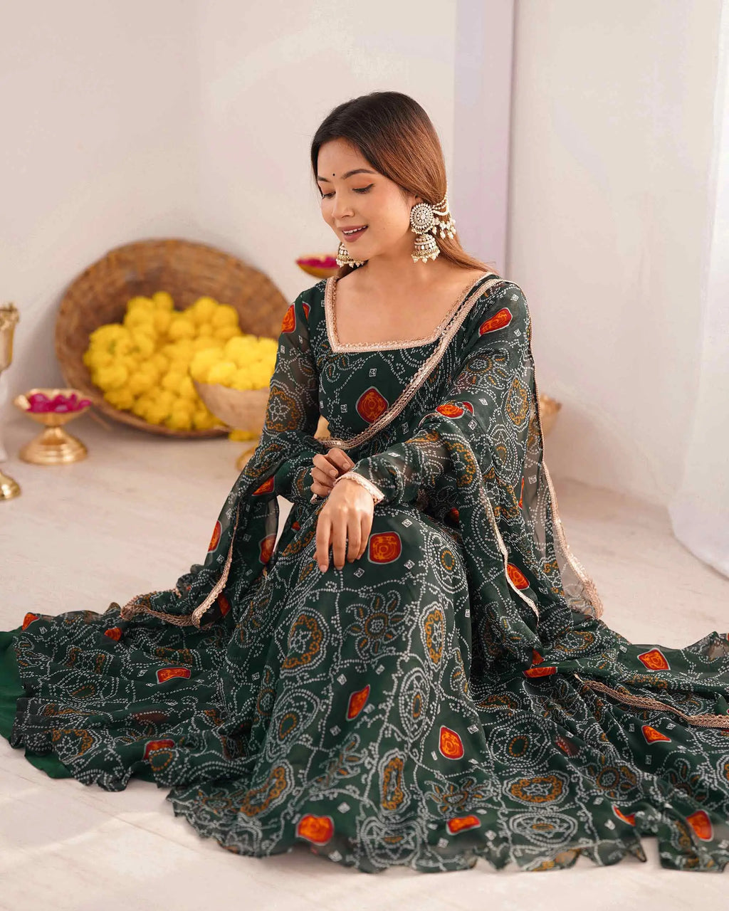 Dark Green Soft Light Weight Chiffon Bandhej Print Gown With Dupatta