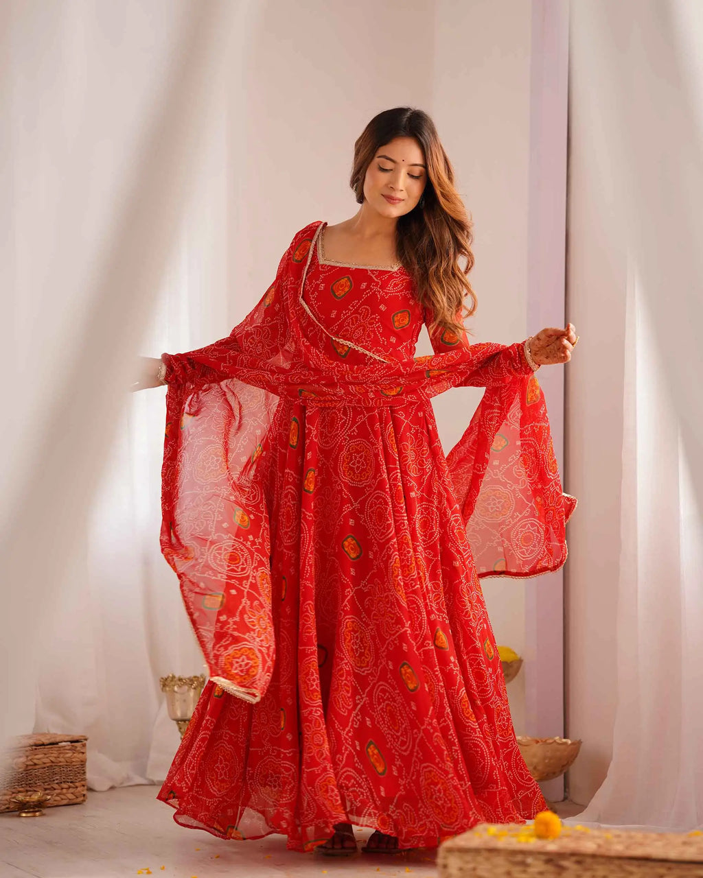 Ruby Red Soft Light Weight Chiffon Bandhej Print Gown With Dupatta