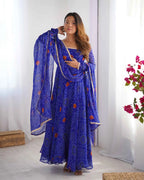 Royal Blue Soft Light Weight Chiffon Bandhej Print Gown With Dupatta