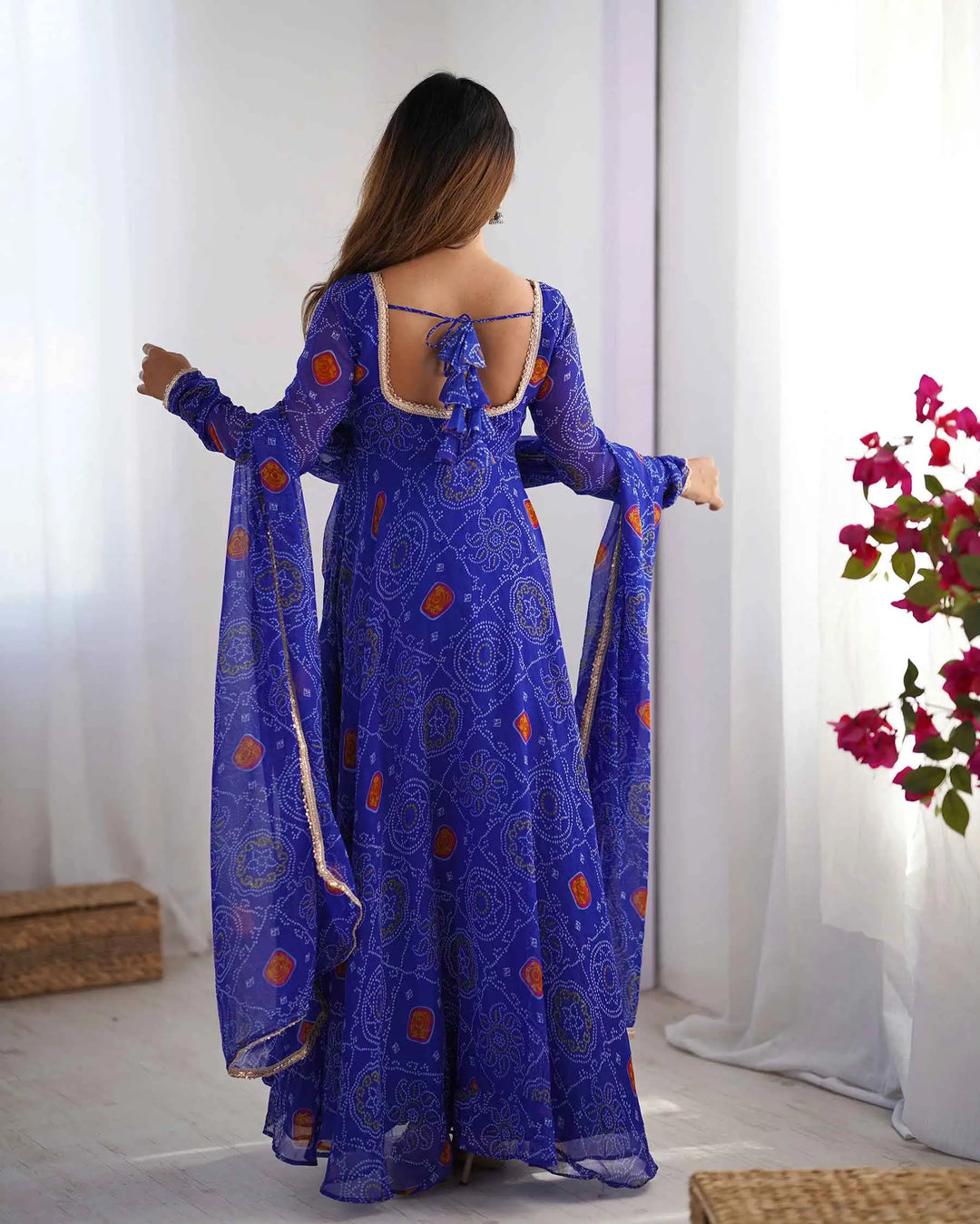 Royal Blue Soft Light Weight Chiffon Bandhej Print Gown With Dupatta - qivii
