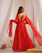 Ruby Red Soft Light Weight Chiffon Bandhej Print Gown With Dupatta